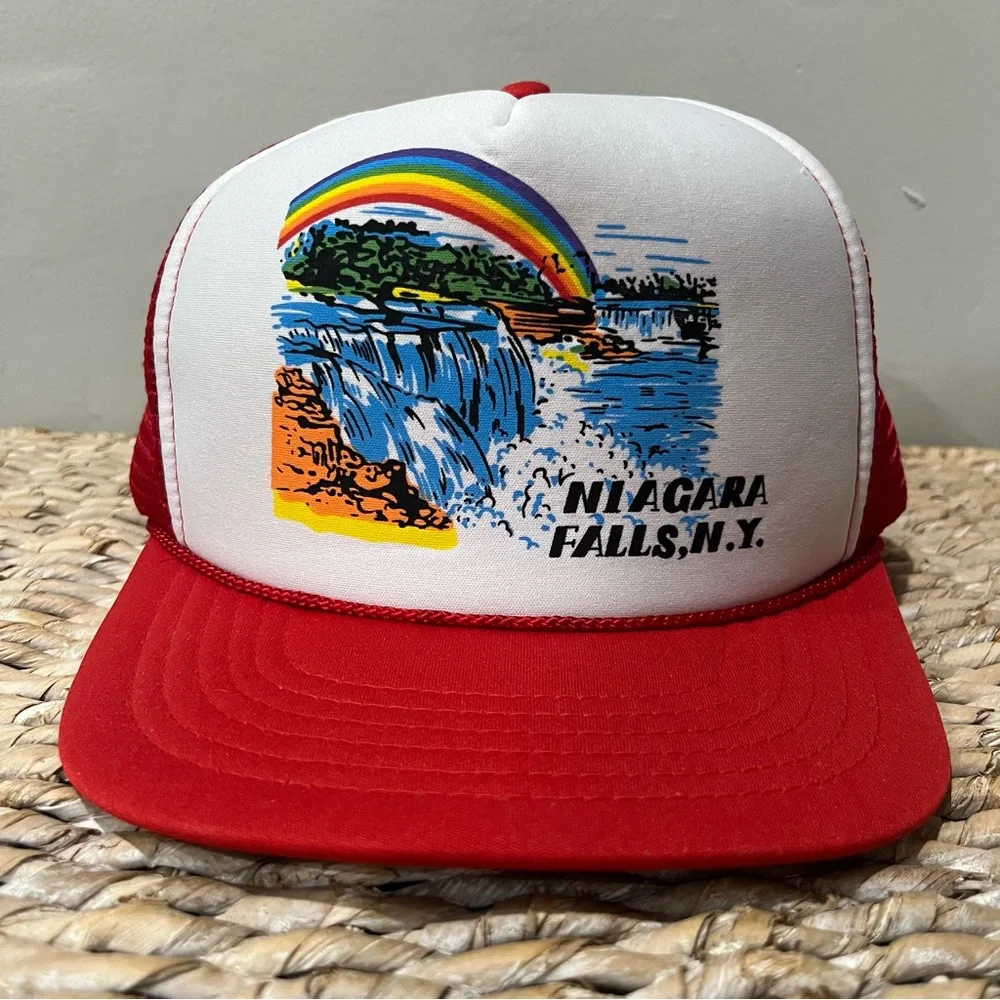 Vintage Niagara‎ Falls red New York Snapback Trucker Hat Cap Rainbow Flowers NEW